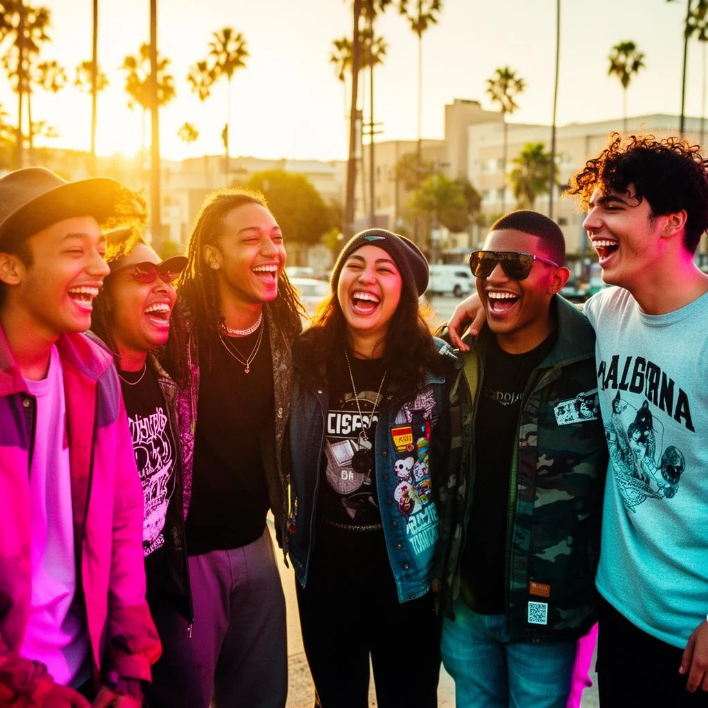 Diverse group of friends laughing together at golden hour in California — the movement